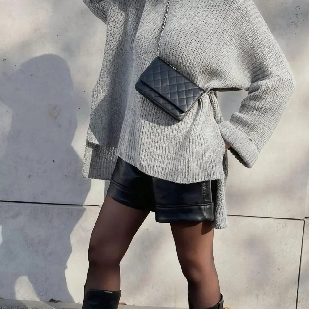 Grey Casual Women's Minimalist Long Split Sweater Top